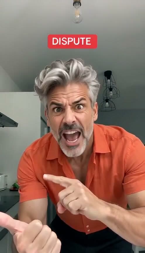 An AI demo man with silver hair, a short beard and an orange shirt frowns and points toward the camera during the Angry Dance