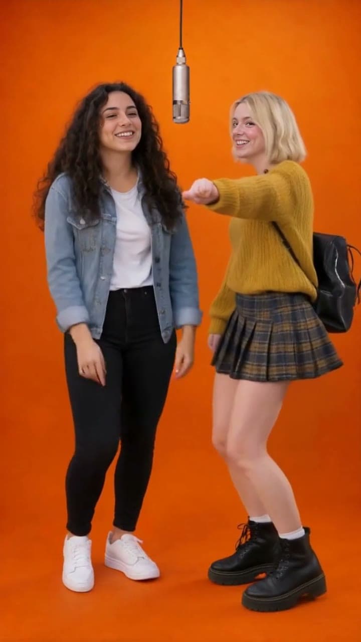Two friends singing into a microphone in an orange recording booth