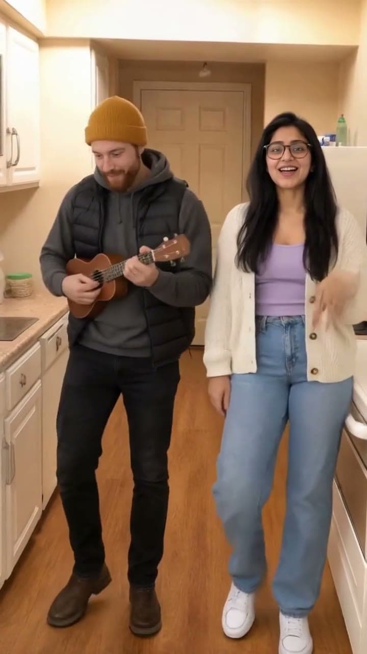 A man in a mustard beanie strums a ukulele while a woman in glasses and a cream cardigan sings in a small kitchen