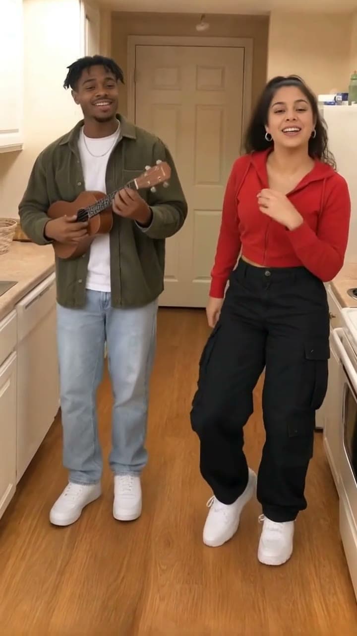 A man in an olive corduroy shirt strums a ukulele while a woman in a red hoodie sings in a small kitchen