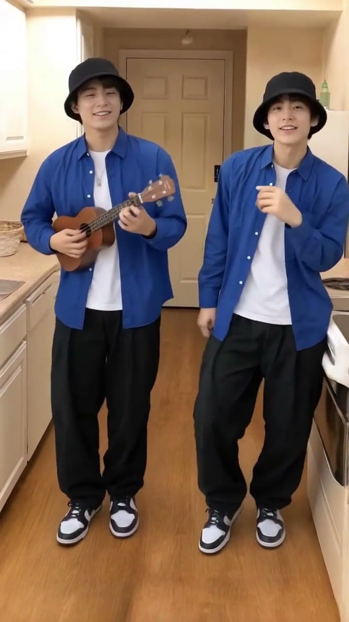 The same man in a bucket hat and blue shirt plays the ukulele and sings, side by side in a small kitchen