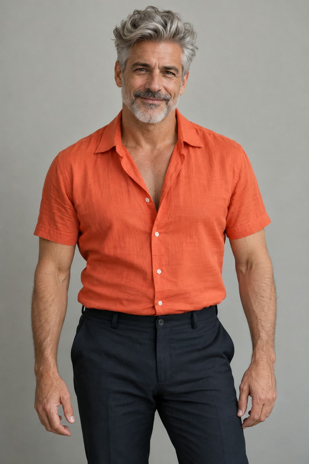 AI-generated mature man with swept-back silver hair, a short beard, an orange shirt and dark trousers